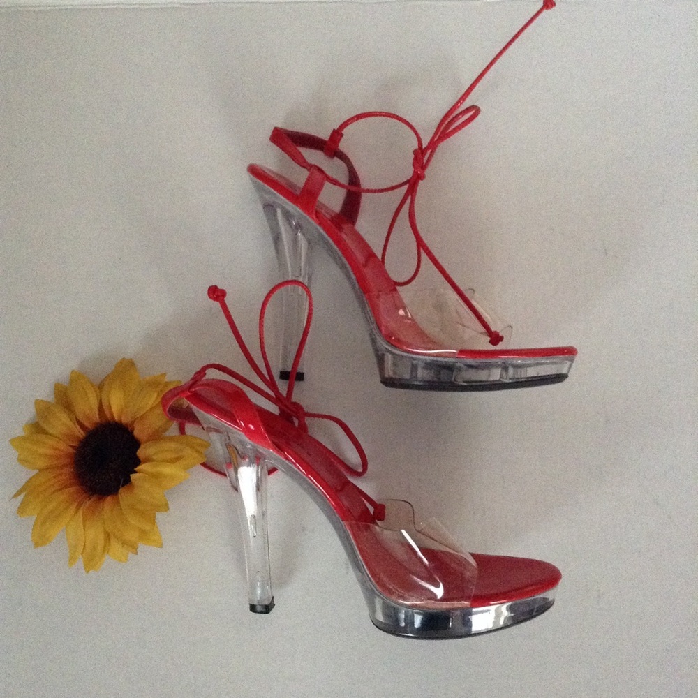 WILD DIVA RED ANKLE WRAP STILETTOS 7